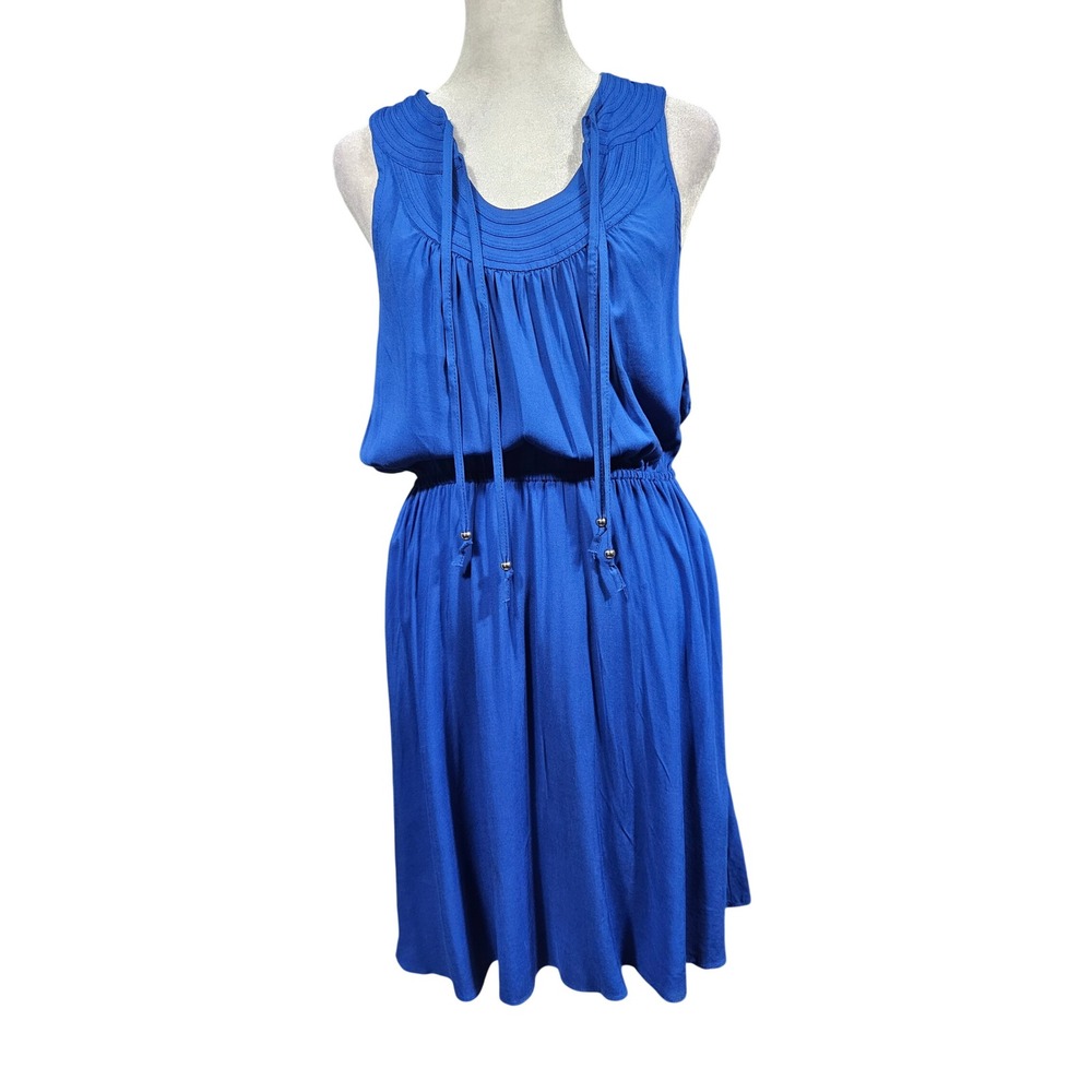 ELLE Womens Royal Blue Sleeveless Blouson Dress Pleated Neckline Size Small